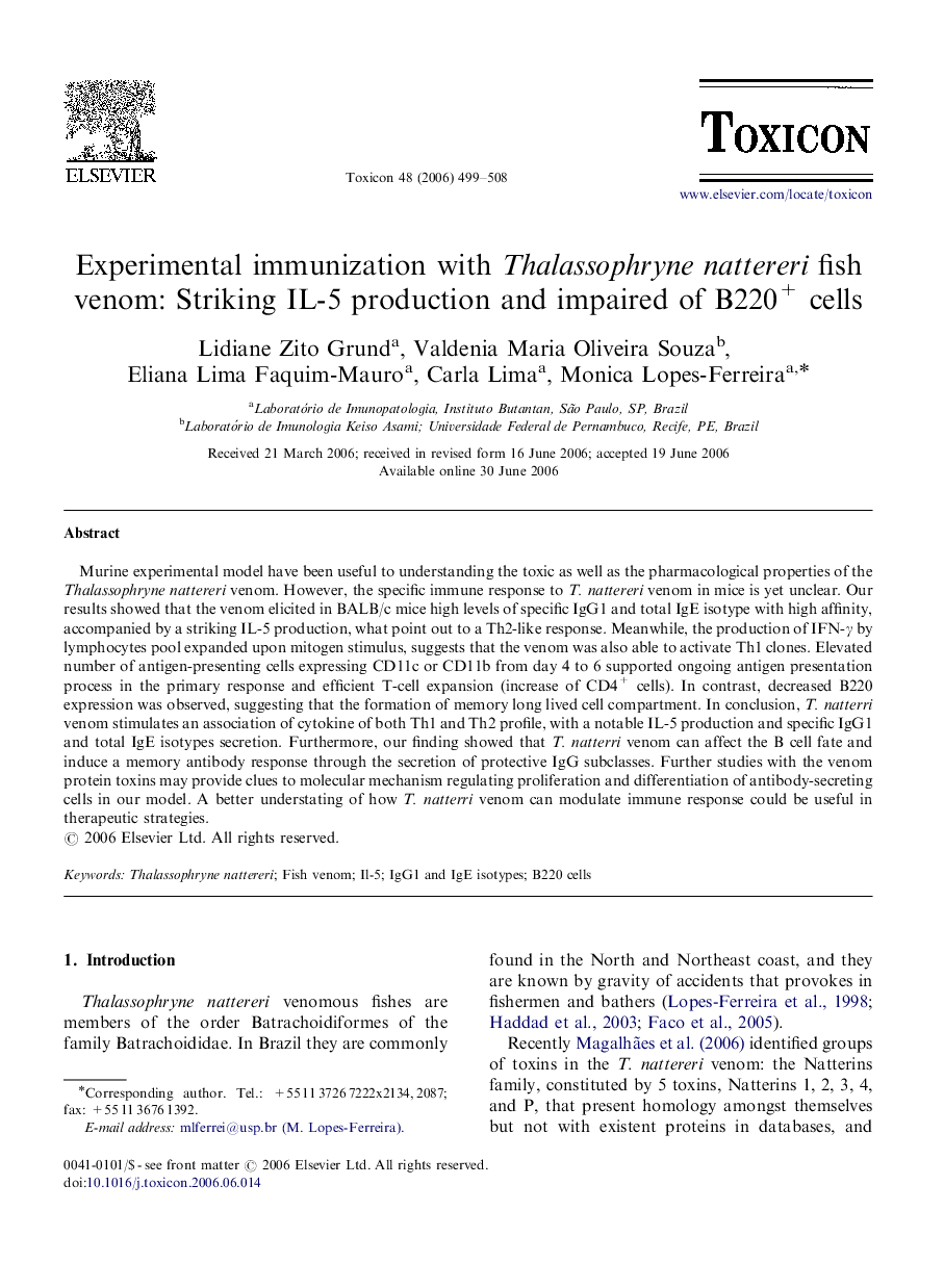 Experimental immunization with Thalassophryne nattereri fish venom: Striking IL-5 production and impaired of B220+ cells