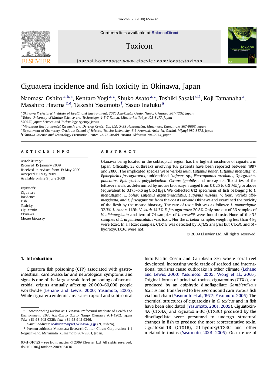 Ciguatera incidence and fish toxicity in Okinawa, Japan