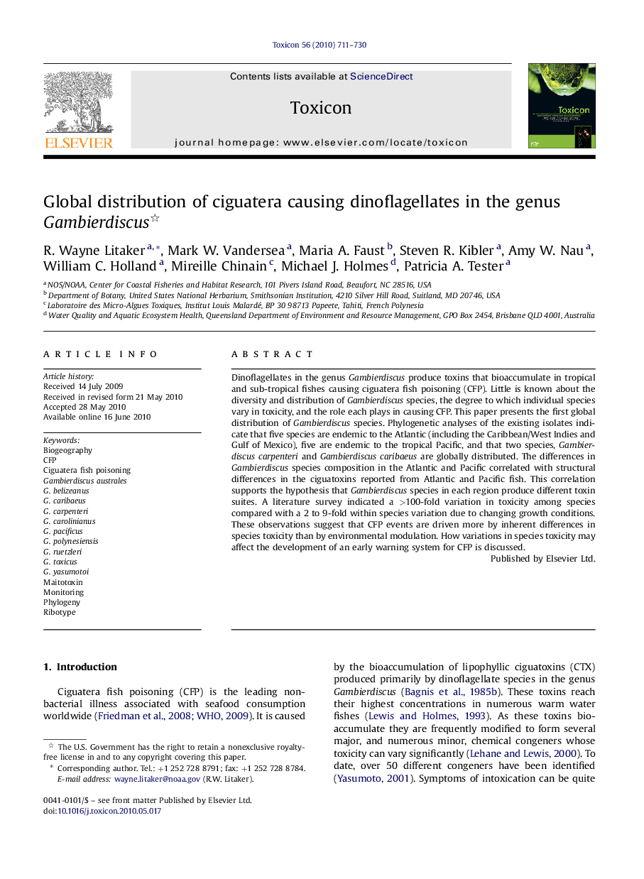 Global distribution of ciguatera causing dinoflagellates in the genus Gambierdiscus 