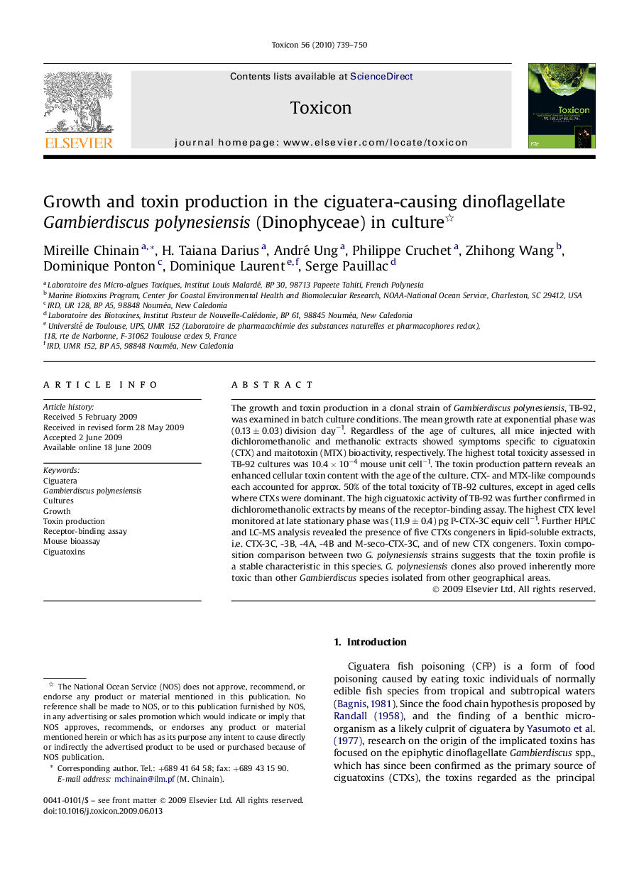 Growth and toxin production in the ciguatera-causing dinoflagellate Gambierdiscus polynesiensis (Dinophyceae) in culture 