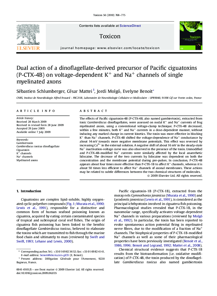 Dual action of a dinoflagellate-derived precursor of Pacific ciguatoxins (P-CTX-4B) on voltage-dependent K+ and Na+ channels of single myelinated axons