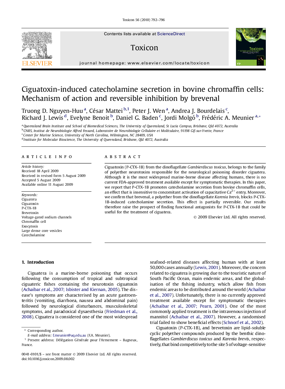 Ciguatoxin-induced catecholamine secretion in bovine chromaffin cells: Mechanism of action and reversible inhibition by brevenal