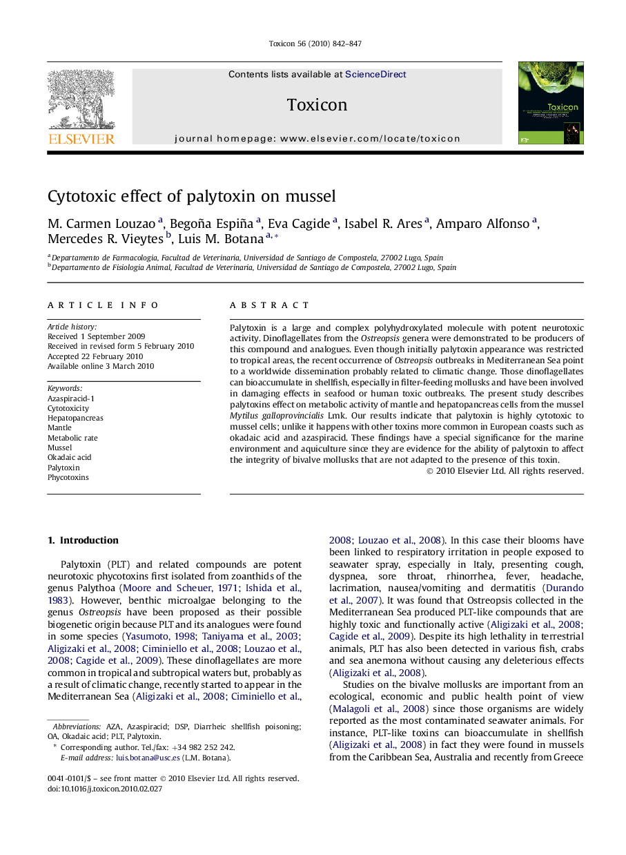 Cytotoxic effect of palytoxin on mussel