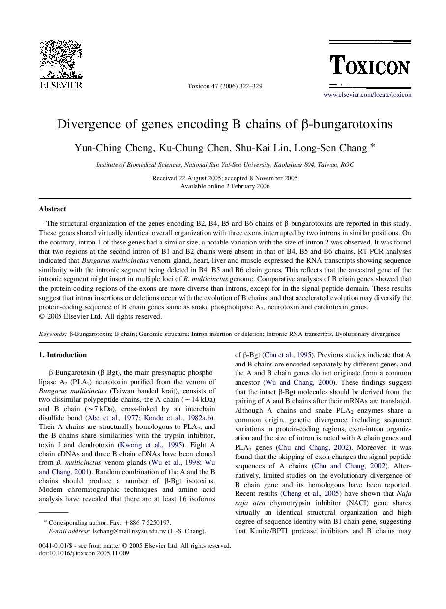 Divergence of genes encoding B chains of Î²-bungarotoxins