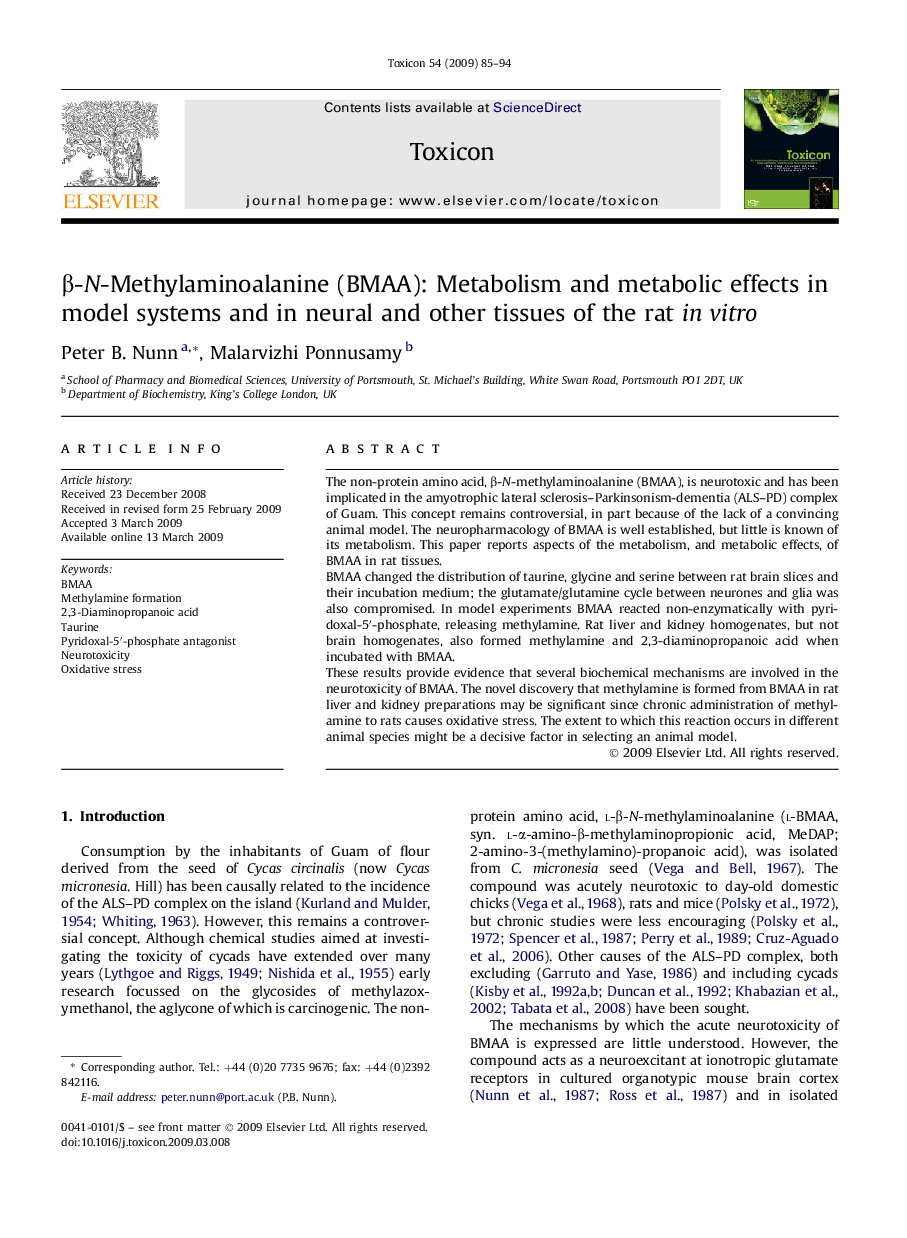 β-N-Methylaminoalanine (BMAA): Metabolism and metabolic effects in model systems and in neural and other tissues of the rat in vitro