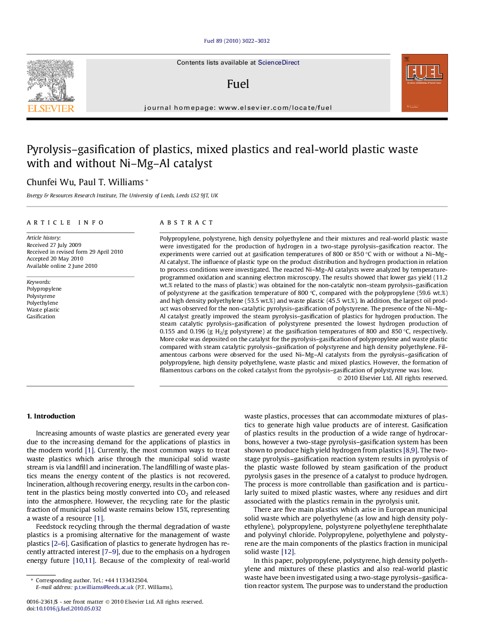 Pyrolysis–gasification of plastics, mixed plastics and real-world plastic waste with and without Ni–Mg–Al catalyst