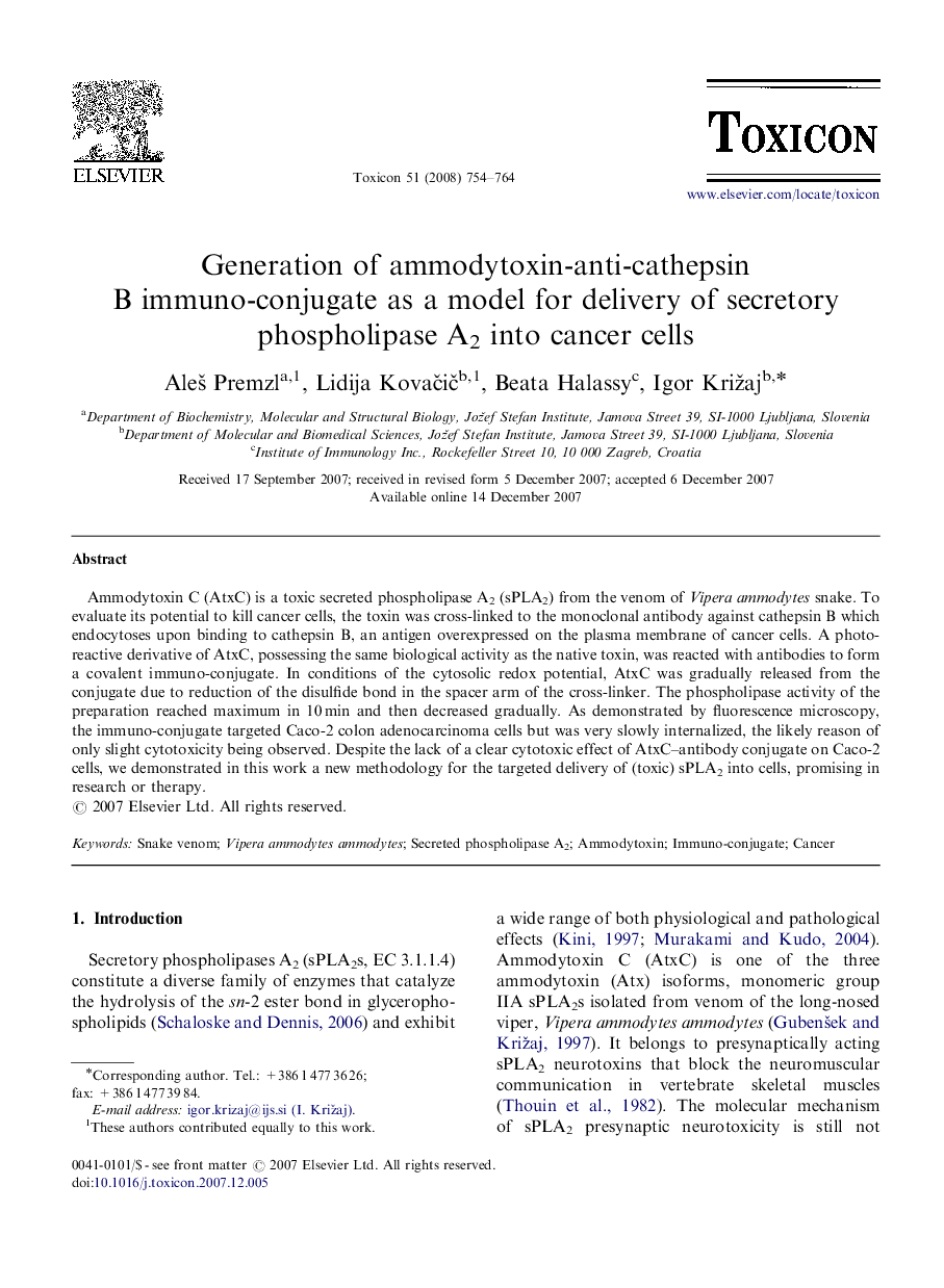 Generation of ammodytoxin-anti-cathepsin B immuno-conjugate as a model for delivery of secretory phospholipase A2 into cancer cells