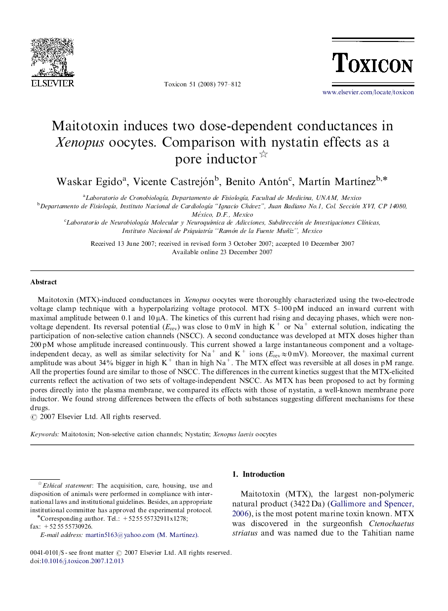 Maitotoxin induces two dose-dependent conductances in Xenopus oocytes. Comparison with nystatin effects as a pore inductor 