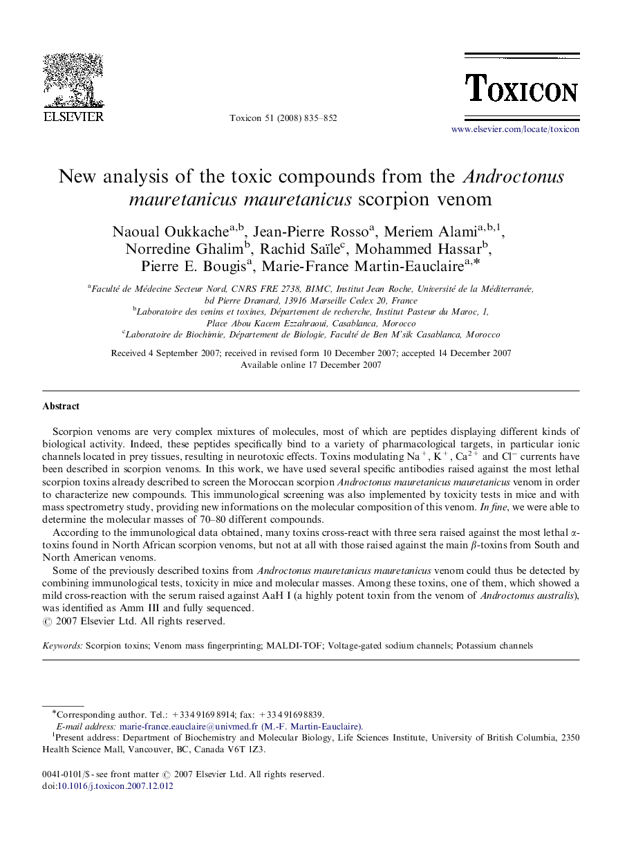 New analysis of the toxic compounds from the Androctonus mauretanicus mauretanicus scorpion venom