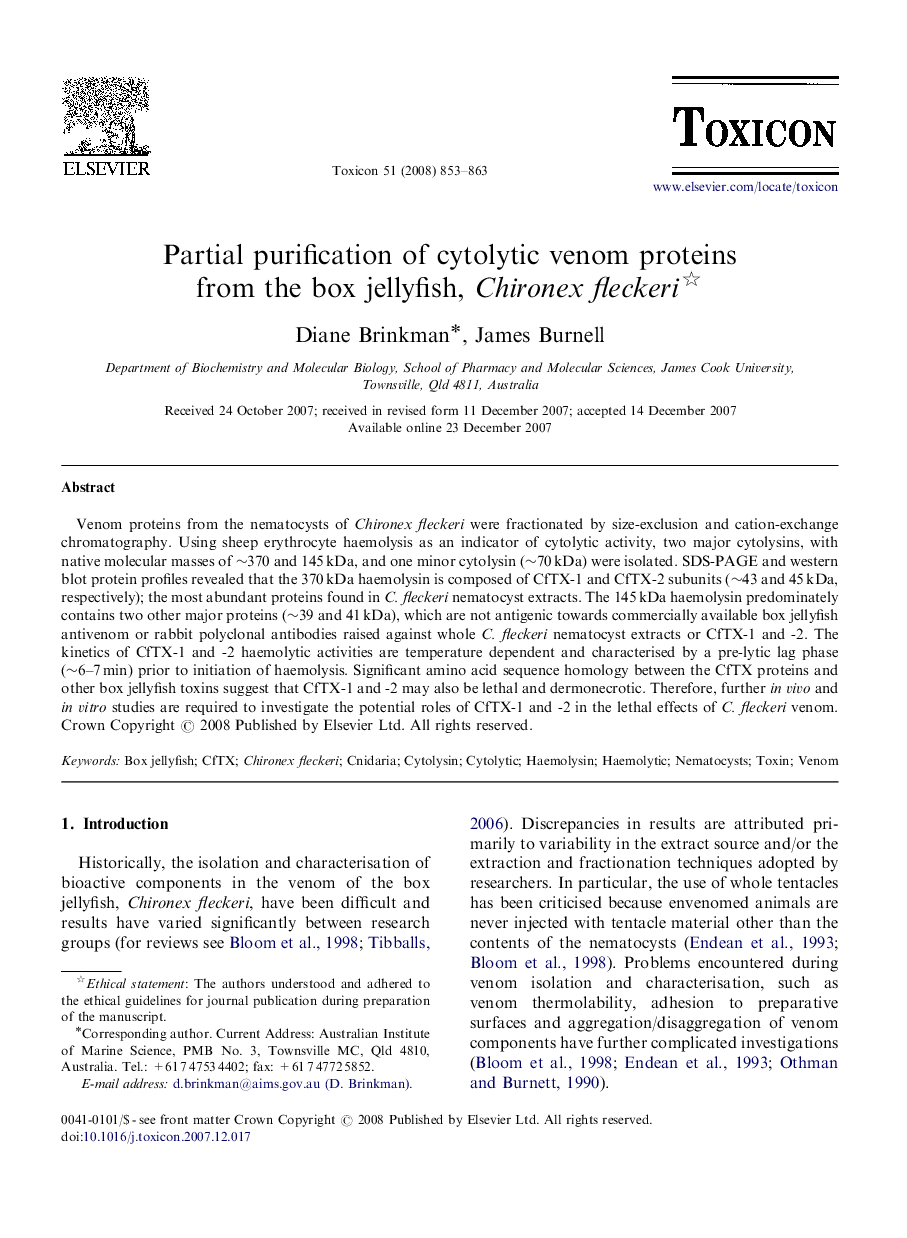 Partial purification of cytolytic venom proteins from the box jellyfish, Chironex fleckeri 