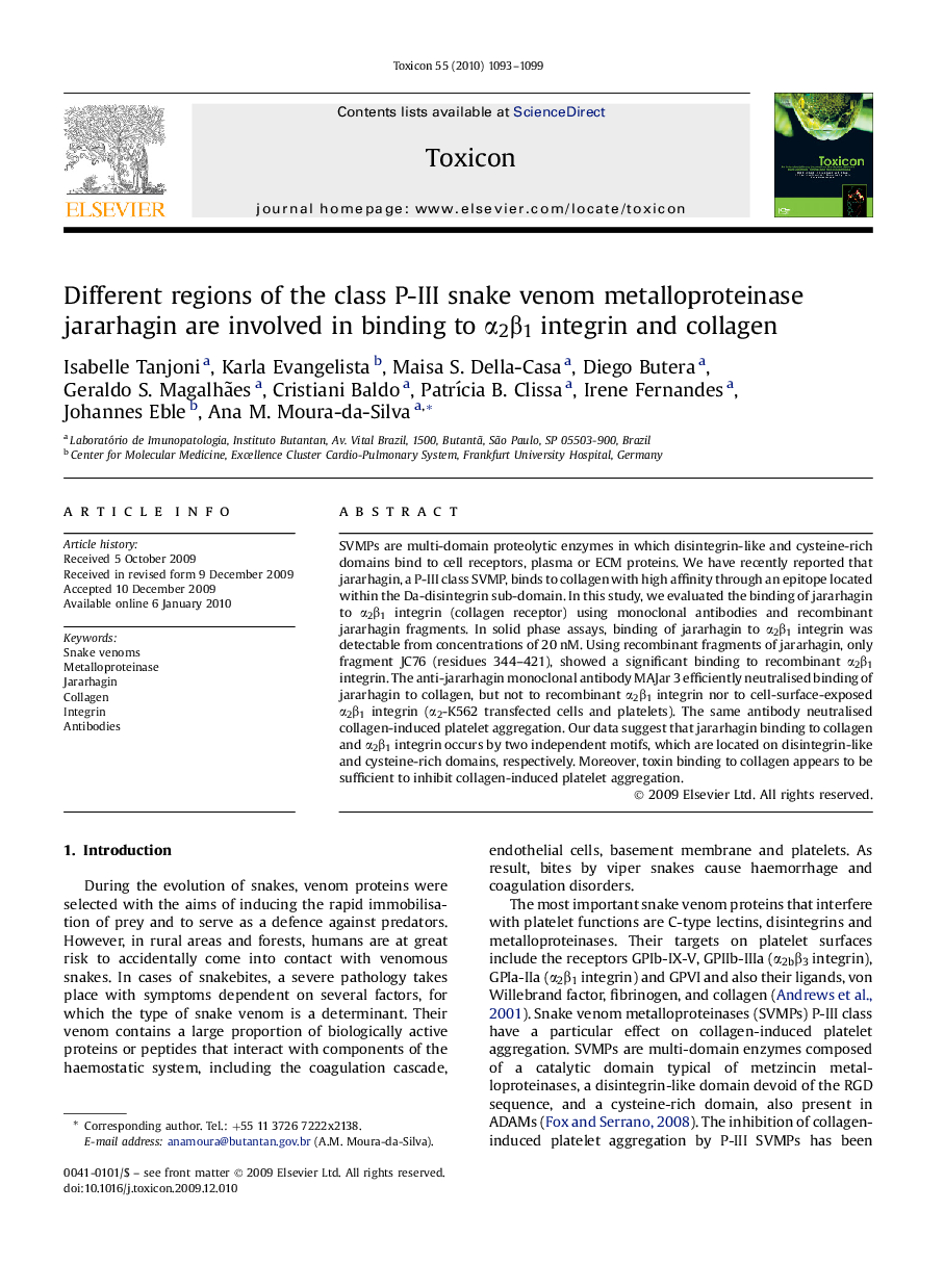 Different regions of the class P-III snake venom metalloproteinase jararhagin are involved in binding to α2β1 integrin and collagen