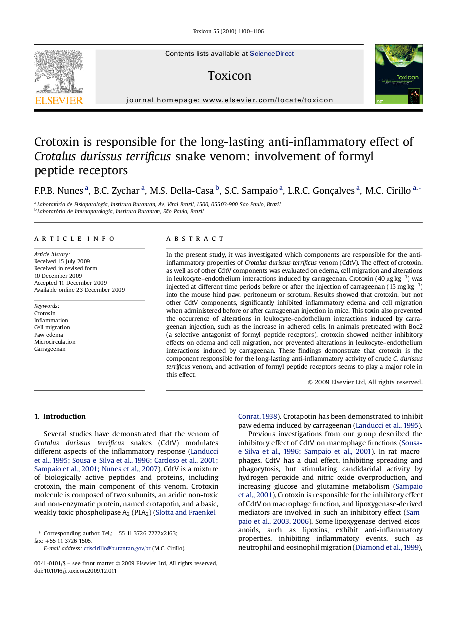 Crotoxin is responsible for the long-lasting anti-inflammatory effect of Crotalus durissus terrificus snake venom: involvement of formyl peptide receptors