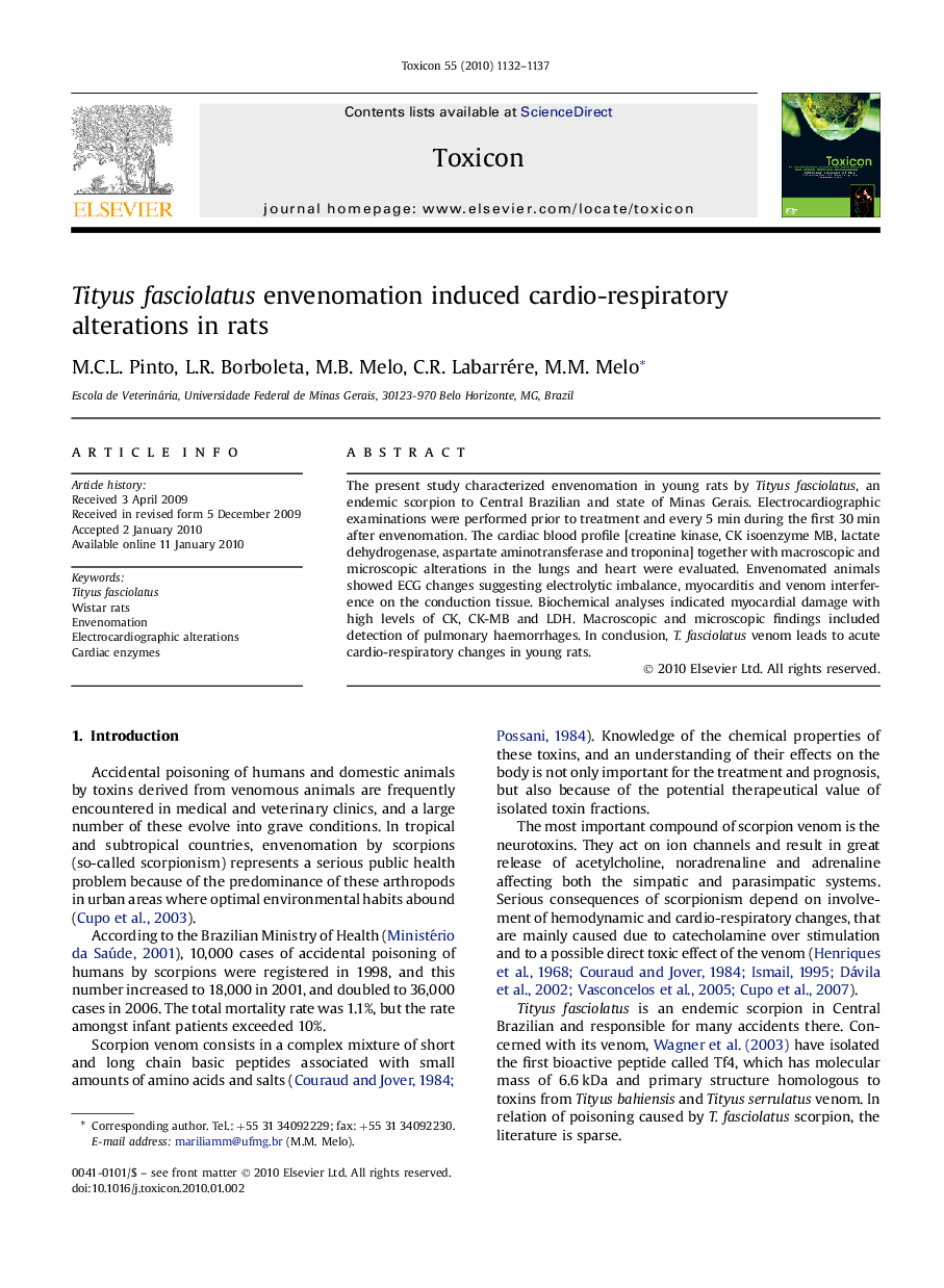 Tityus fasciolatus envenomation induced cardio-respiratory alterations in rats