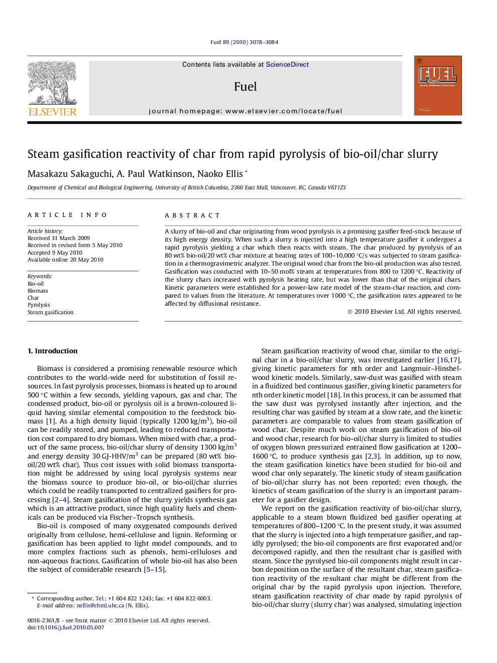 Steam gasification reactivity of char from rapid pyrolysis of bio-oil/char slurry