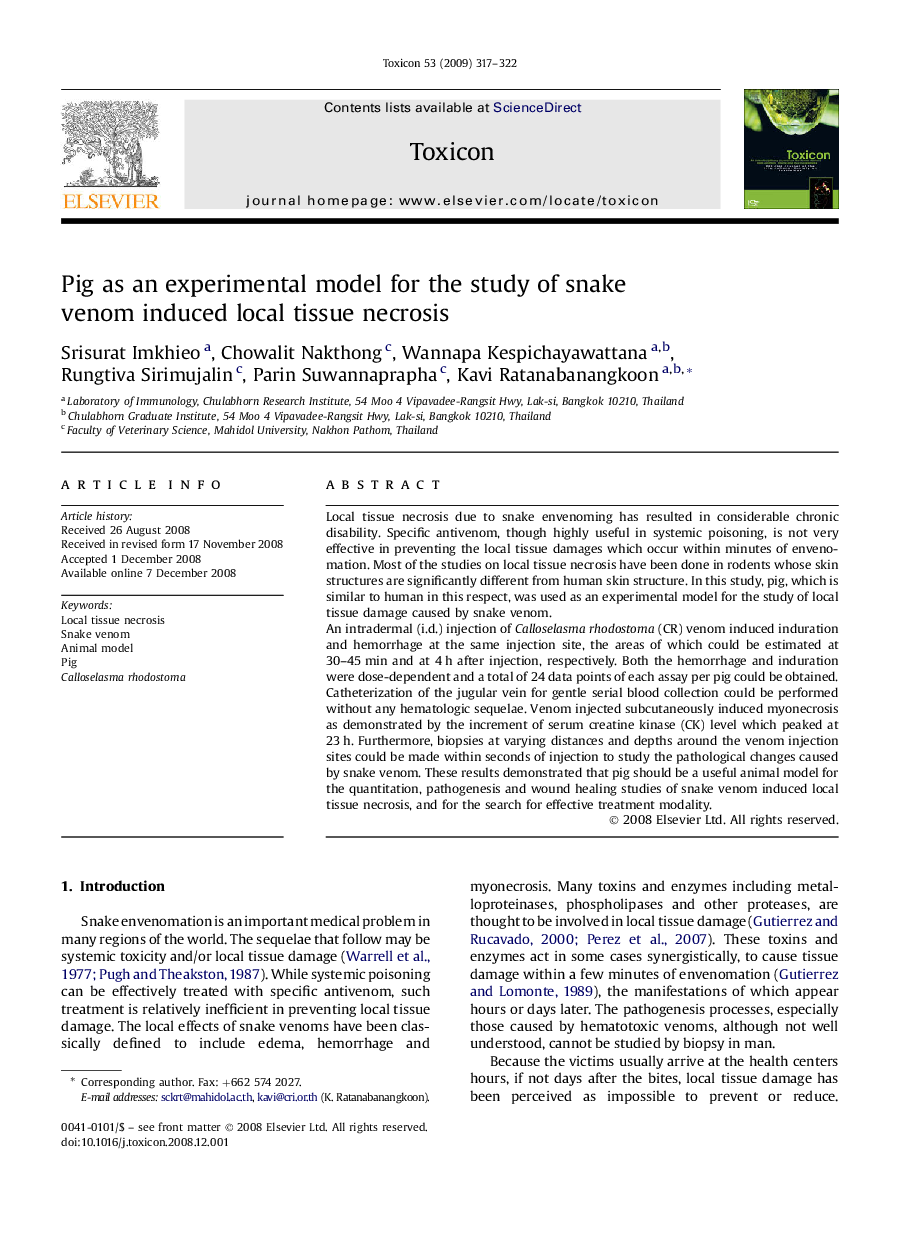 Pig as an experimental model for the study of snake venom induced local tissue necrosis