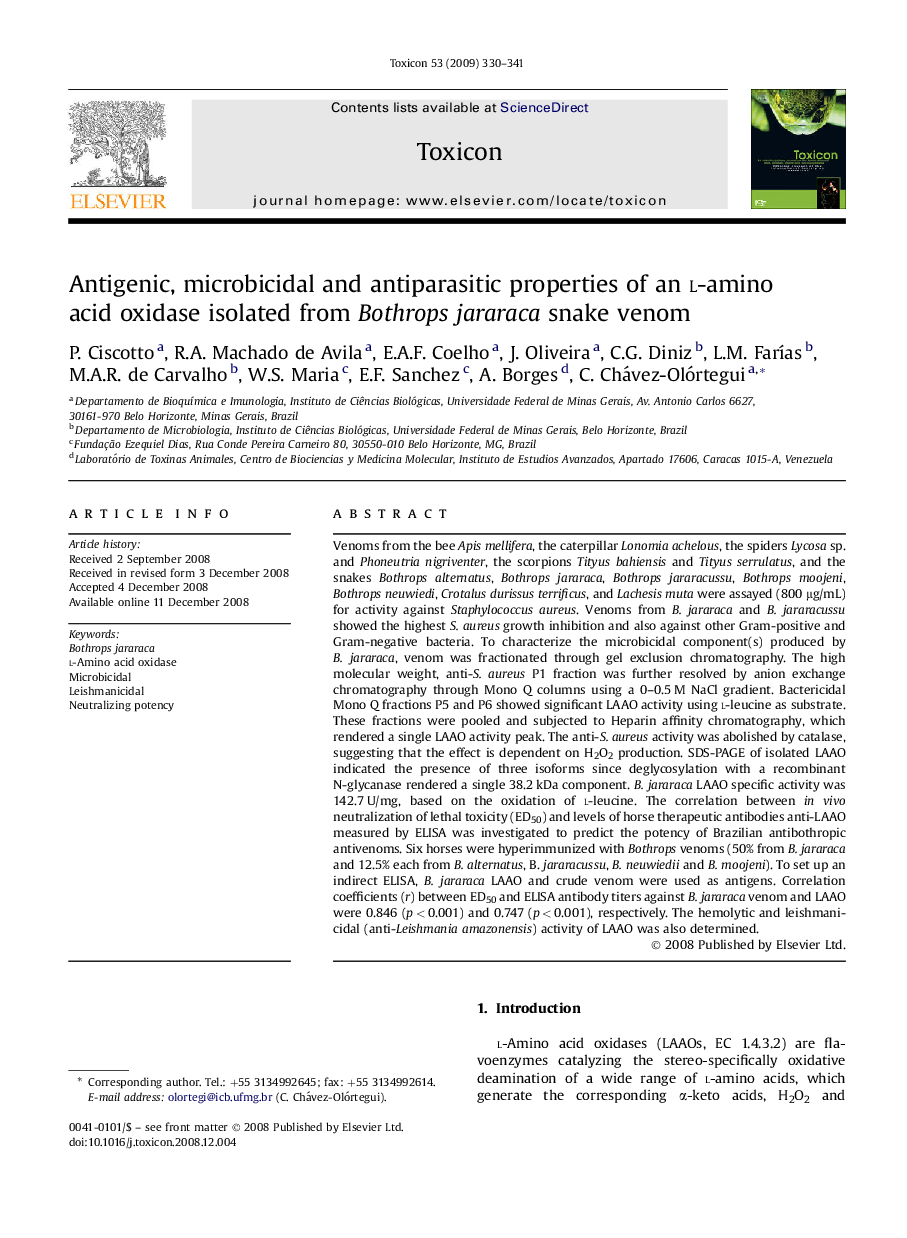 Antigenic, microbicidal and antiparasitic properties of an l-amino acid oxidase isolated from Bothrops jararaca snake venom