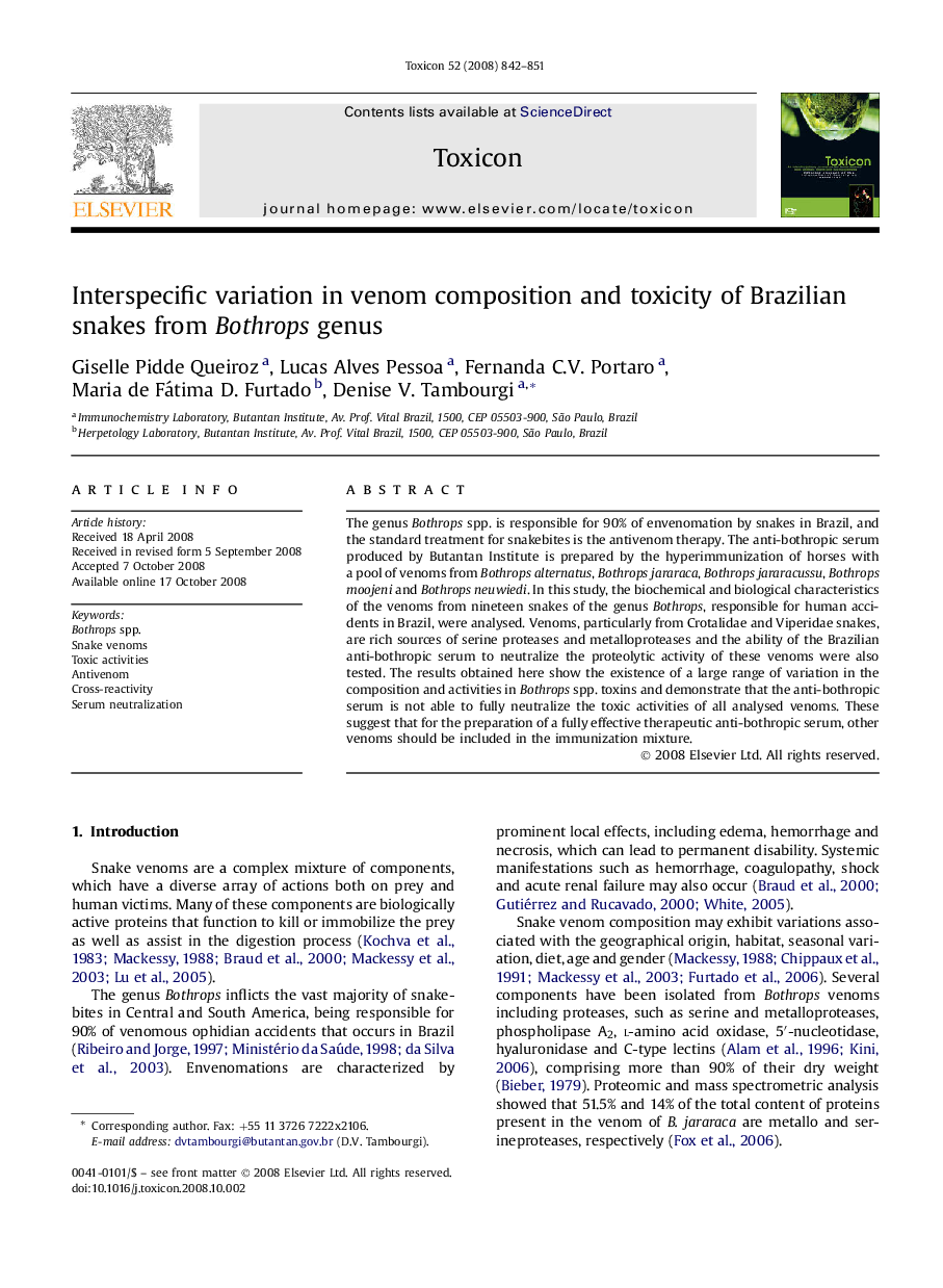 Interspecific variation in venom composition and toxicity of Brazilian snakes from Bothrops genus