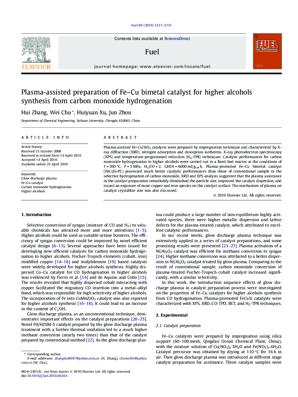 Plasma-assisted preparation of Fe–Cu bimetal catalyst for higher alcohols synthesis from carbon monoxide hydrogenation