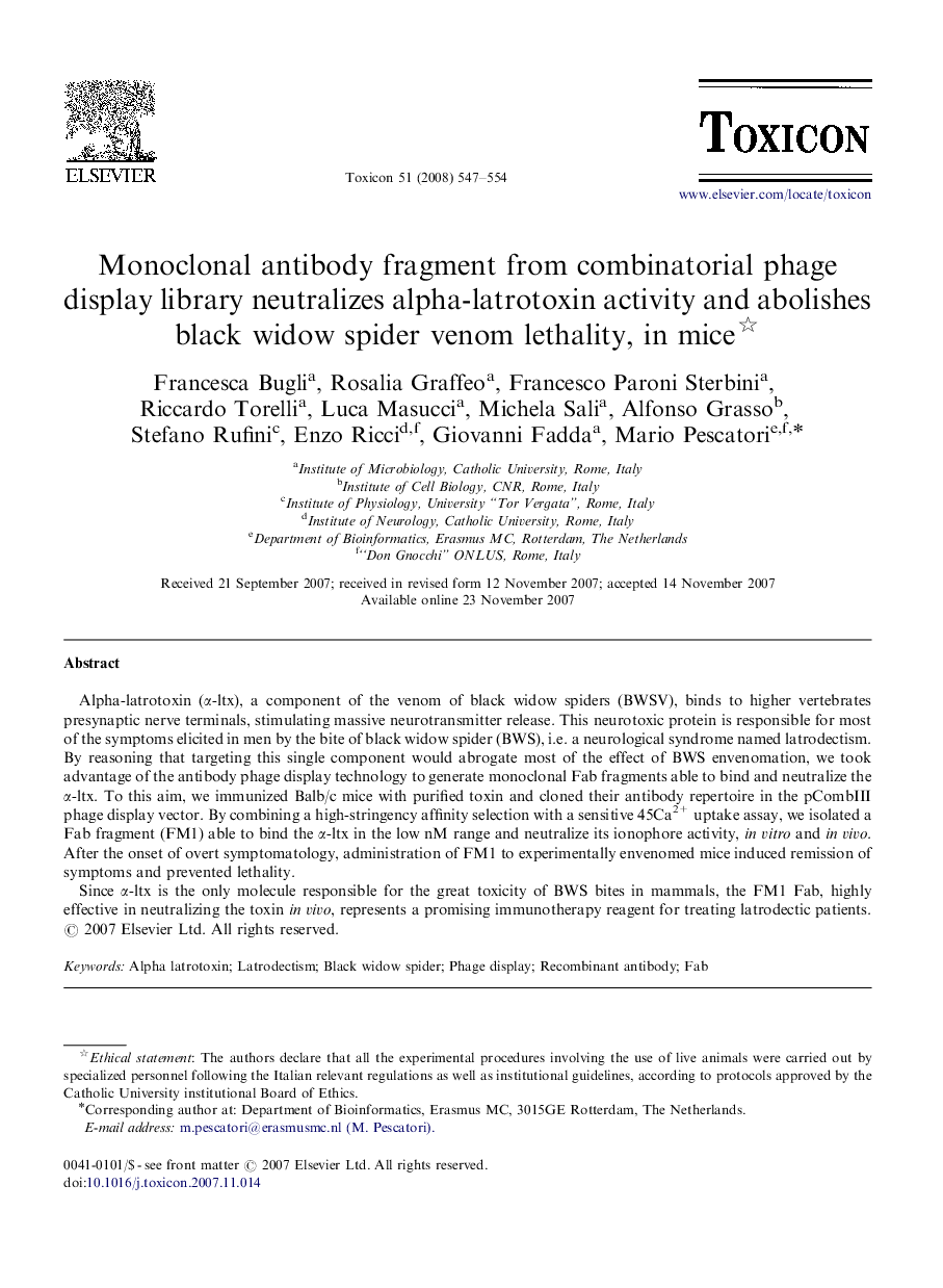 Monoclonal antibody fragment from combinatorial phage display library neutralizes alpha-latrotoxin activity and abolishes black widow spider venom lethality, in mice 