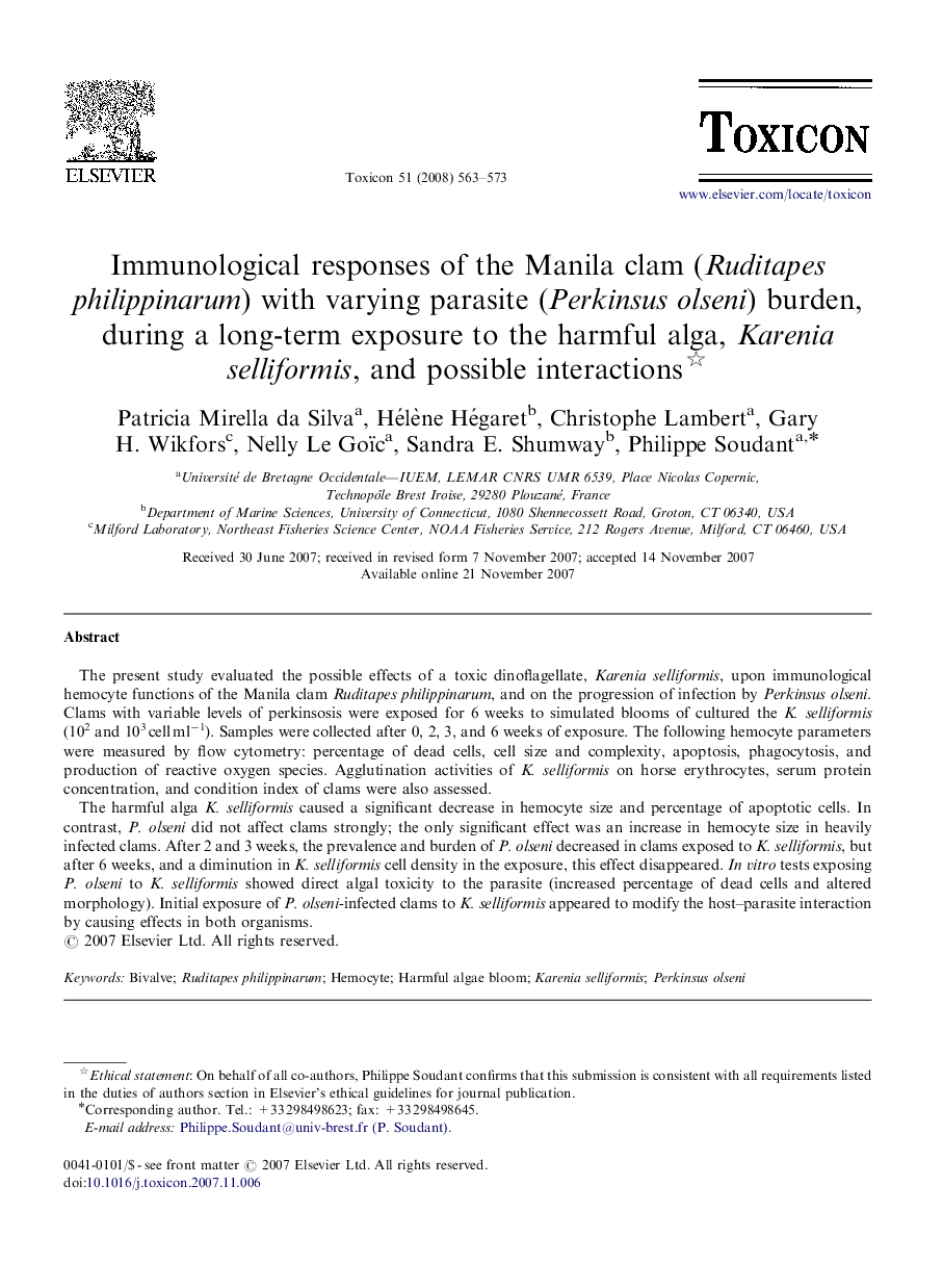 Immunological responses of the Manila clam (Ruditapes philippinarum) with varying parasite (Perkinsus olseni) burden, during a long-term exposure to the harmful alga, Karenia selliformis, and possible interactions 