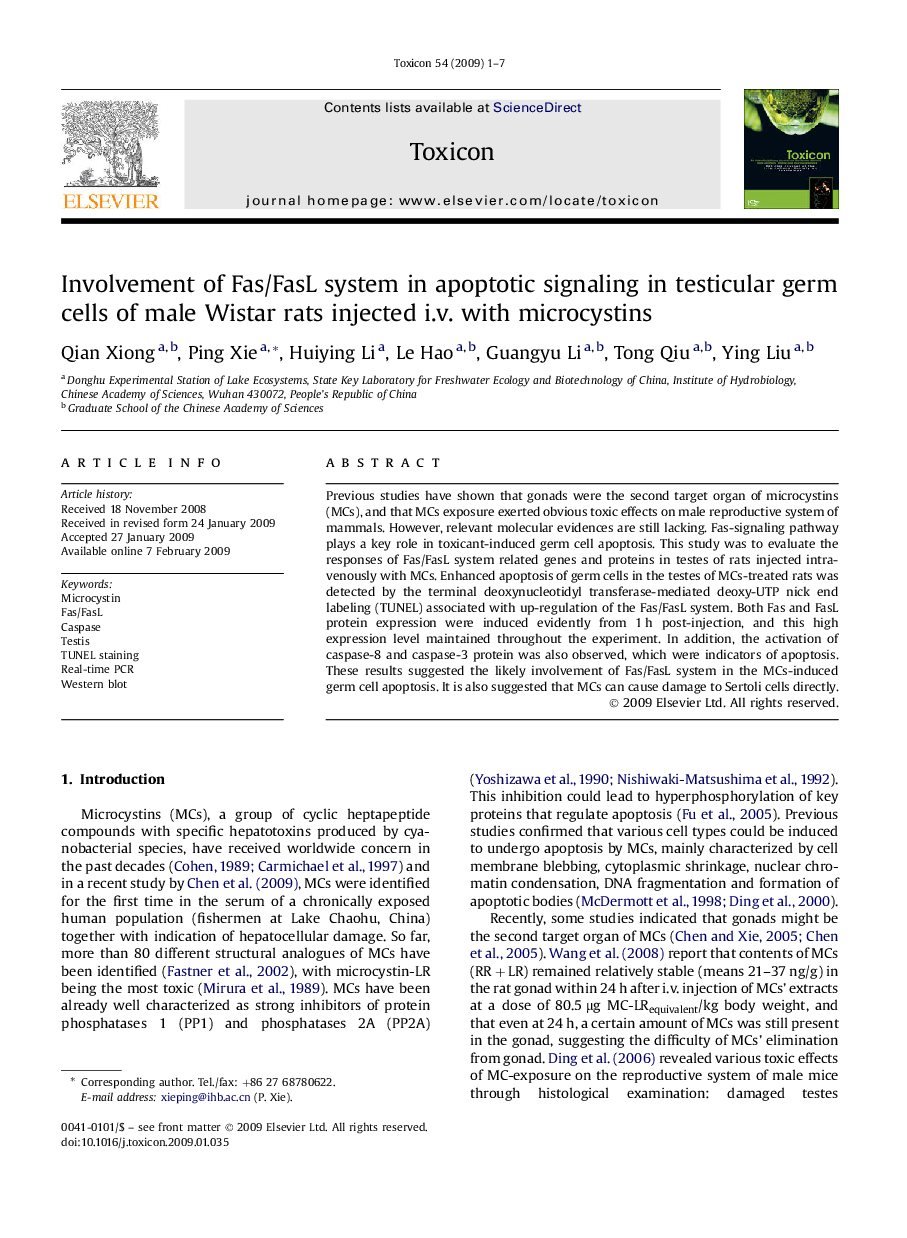 Involvement of Fas/FasL system in apoptotic signaling in testicular germ cells of male Wistar rats injected i.v. with microcystins