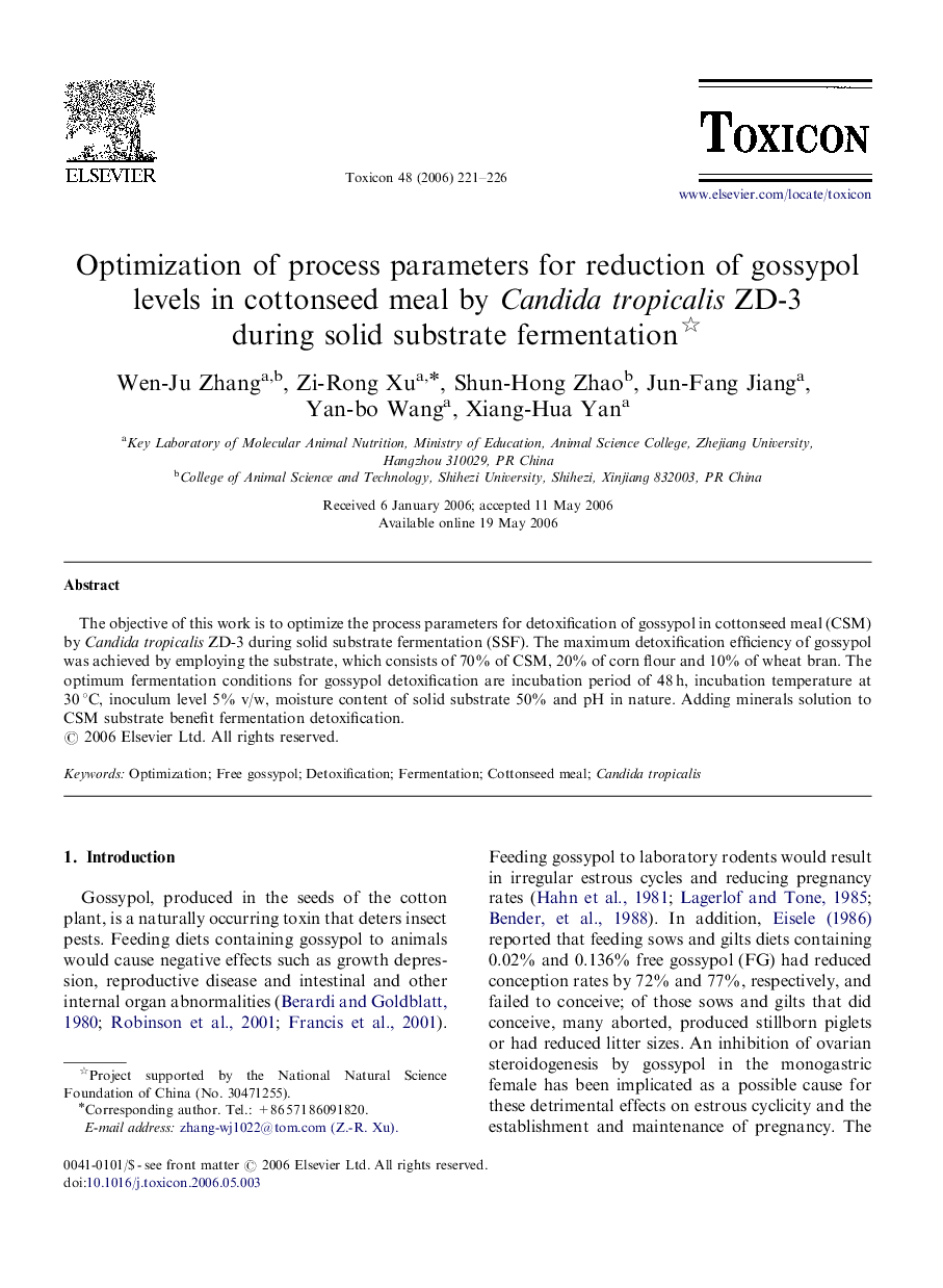 Optimization of process parameters for reduction of gossypol levels in cottonseed meal by Candida tropicalis ZD-3 during solid substrate fermentation 