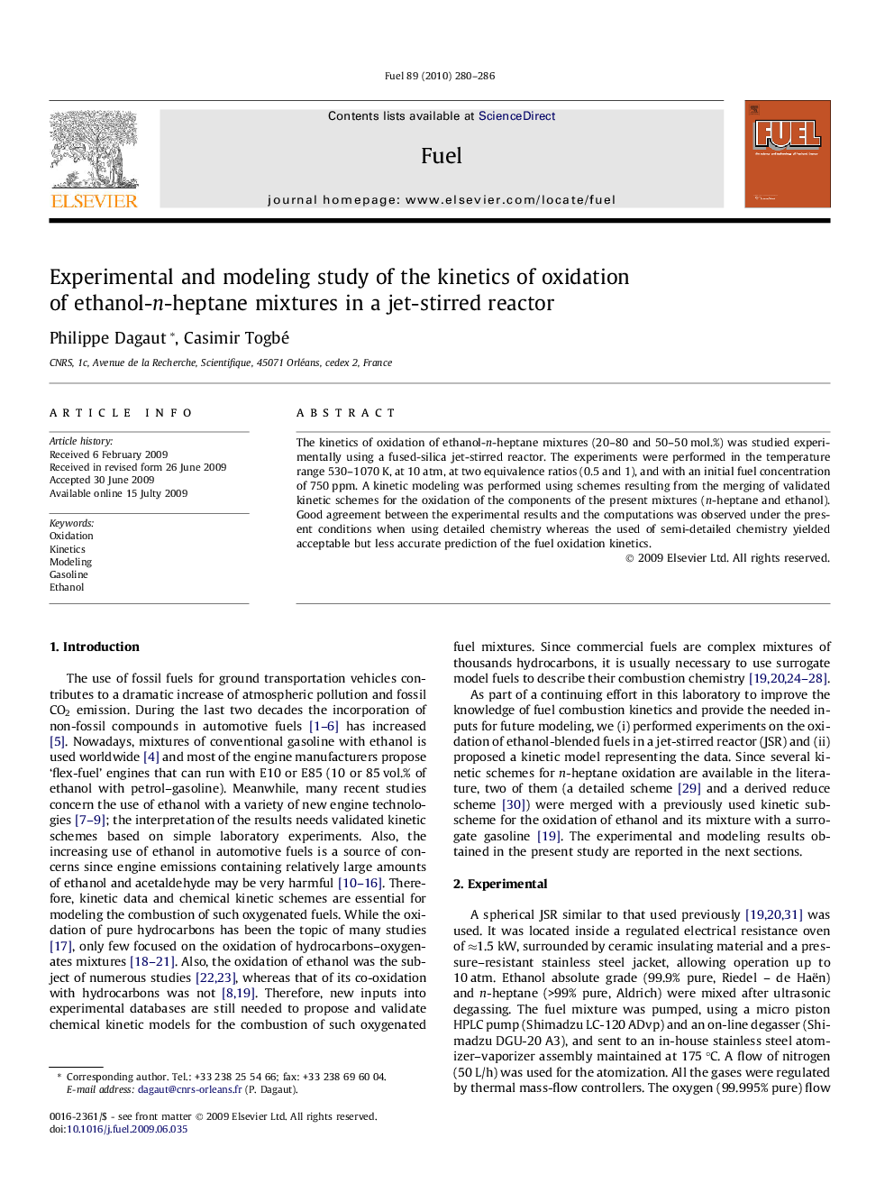 Experimental and modeling study of the kinetics of oxidation of ethanol-n-heptane mixtures in a jet-stirred reactor