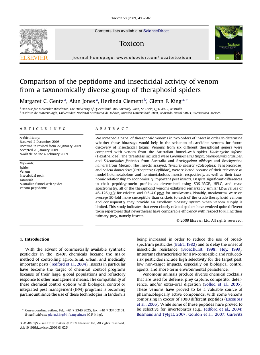 Comparison of the peptidome and insecticidal activity of venom from a taxonomically diverse group of theraphosid spiders