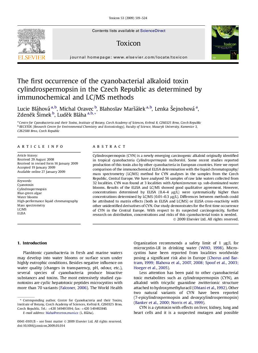 The first occurrence of the cyanobacterial alkaloid toxin cylindrospermopsin in the Czech Republic as determined by immunochemical and LC/MS methods