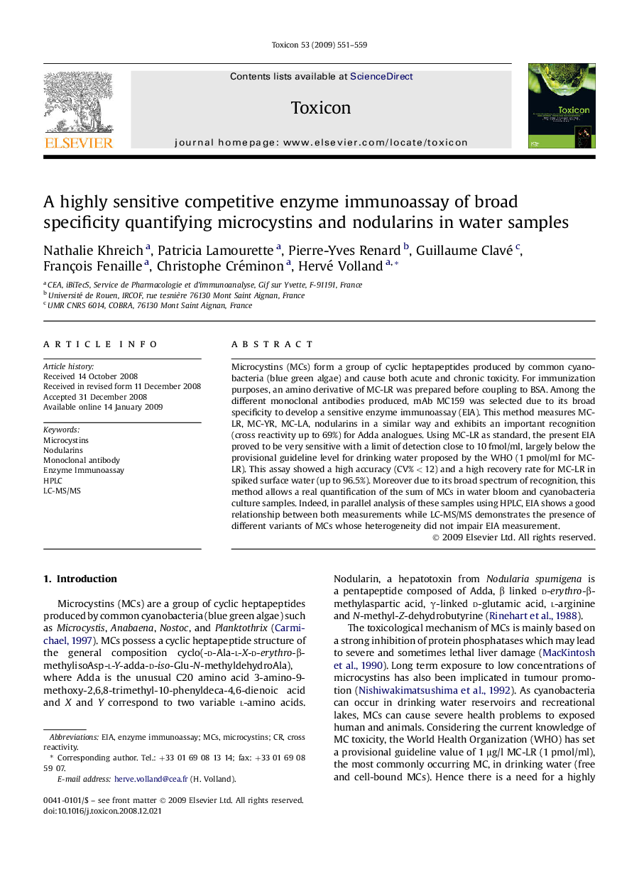 A highly sensitive competitive enzyme immunoassay of broad specificity quantifying microcystins and nodularins in water samples