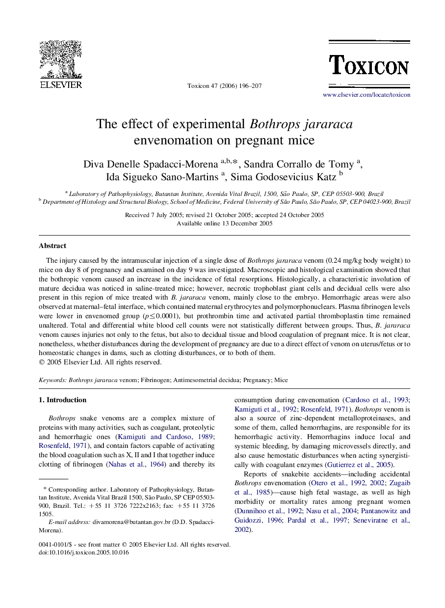 The effect of experimental Bothrops jararaca envenomation on pregnant mice