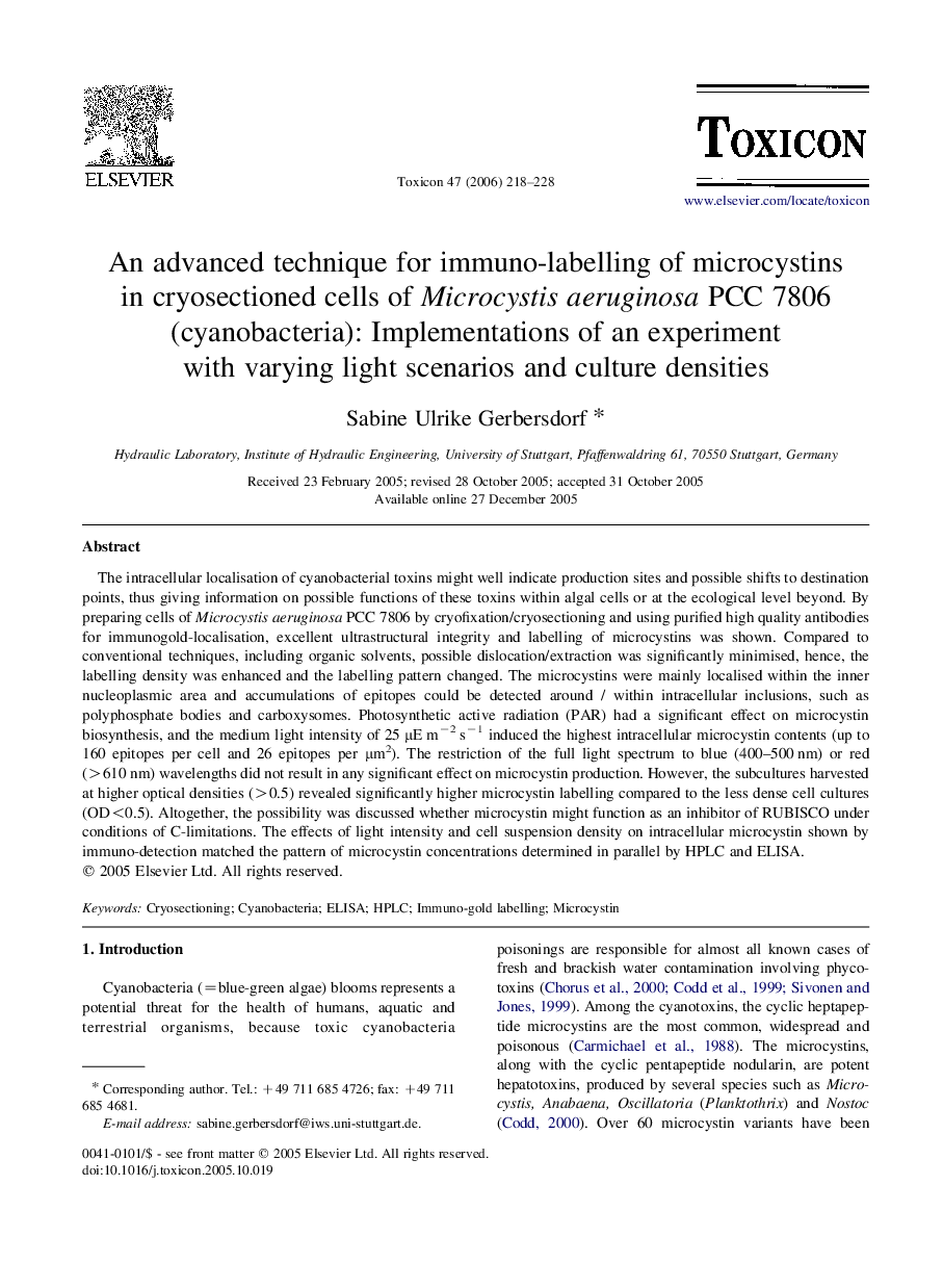 An advanced technique for immuno-labelling of microcystins in cryosectioned cells of Microcystis aeruginosa PCC 7806 (cyanobacteria): Implementations of an experiment with varying light scenarios and culture densities