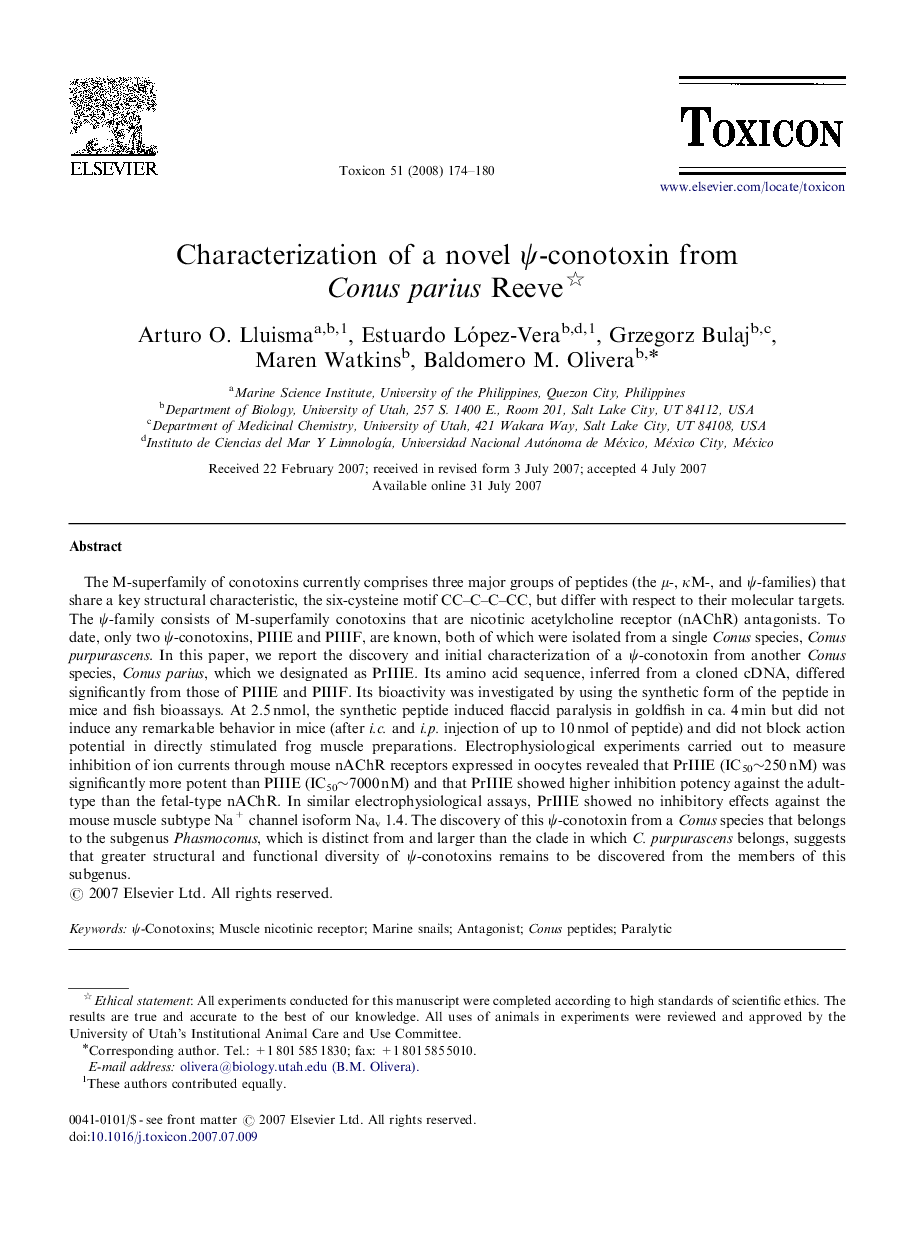 Characterization of a novel ψ-conotoxin from Conus parius Reeve 