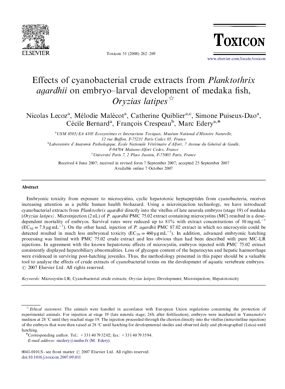 Effects of cyanobacterial crude extracts from Planktothrix agardhii on embryo–larval development of medaka fish, Oryzias latipes 