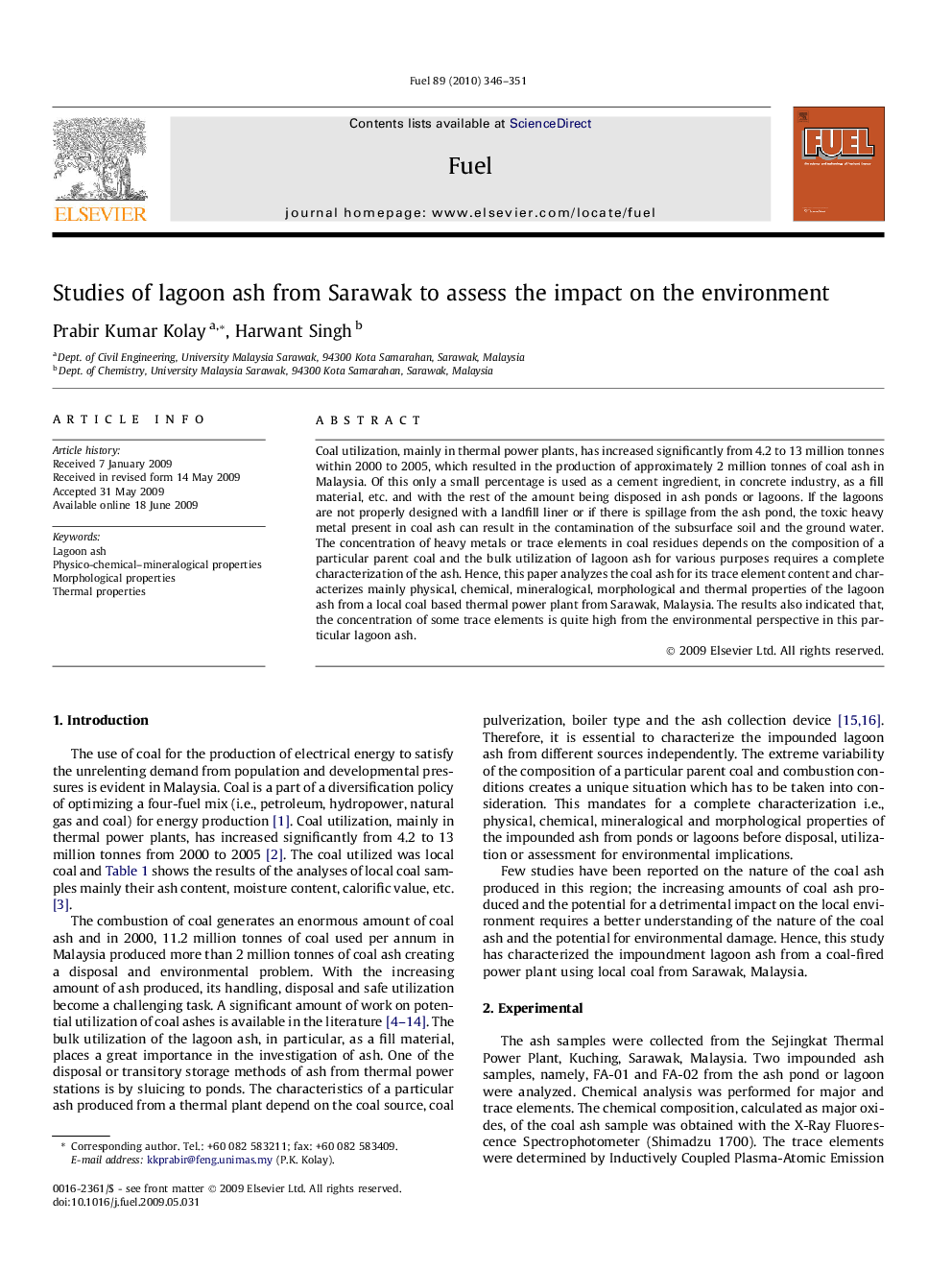 Studies of lagoon ash from Sarawak to assess the impact on the environment