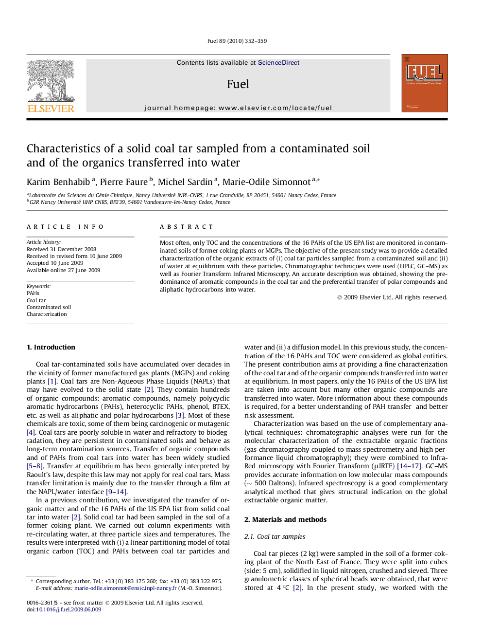 Characteristics of a solid coal tar sampled from a contaminated soil and of the organics transferred into water