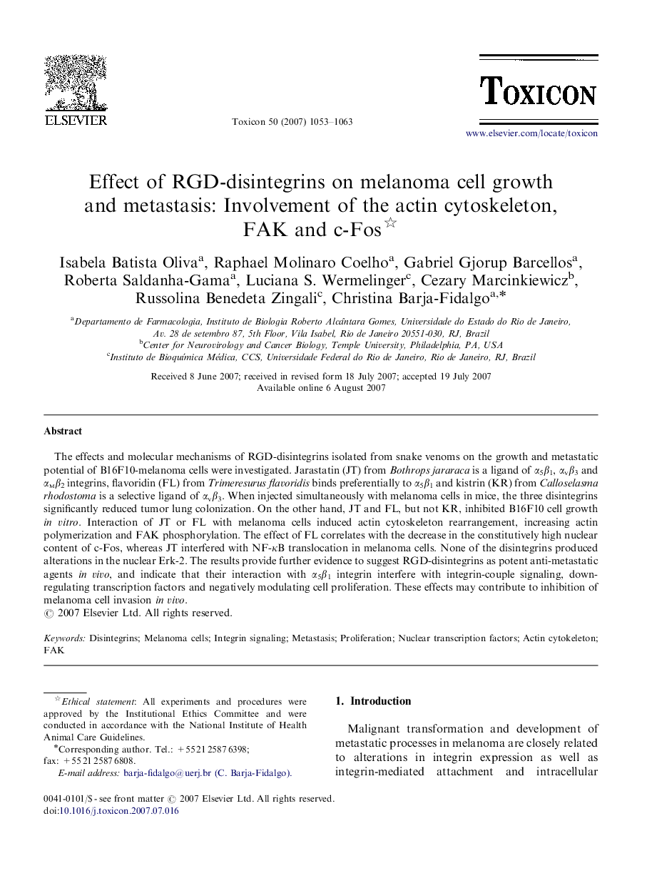 Effect of RGD-disintegrins on melanoma cell growth and metastasis: Involvement of the actin cytoskeleton, FAK and c-Fos 