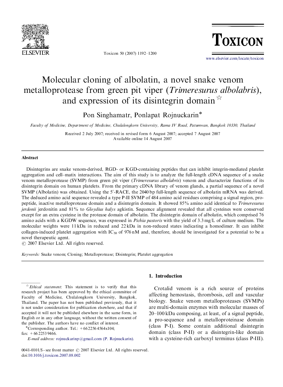 Molecular cloning of albolatin, a novel snake venom metalloprotease from green pit viper (Trimeresurus albolabris), and expression of its disintegrin domain 