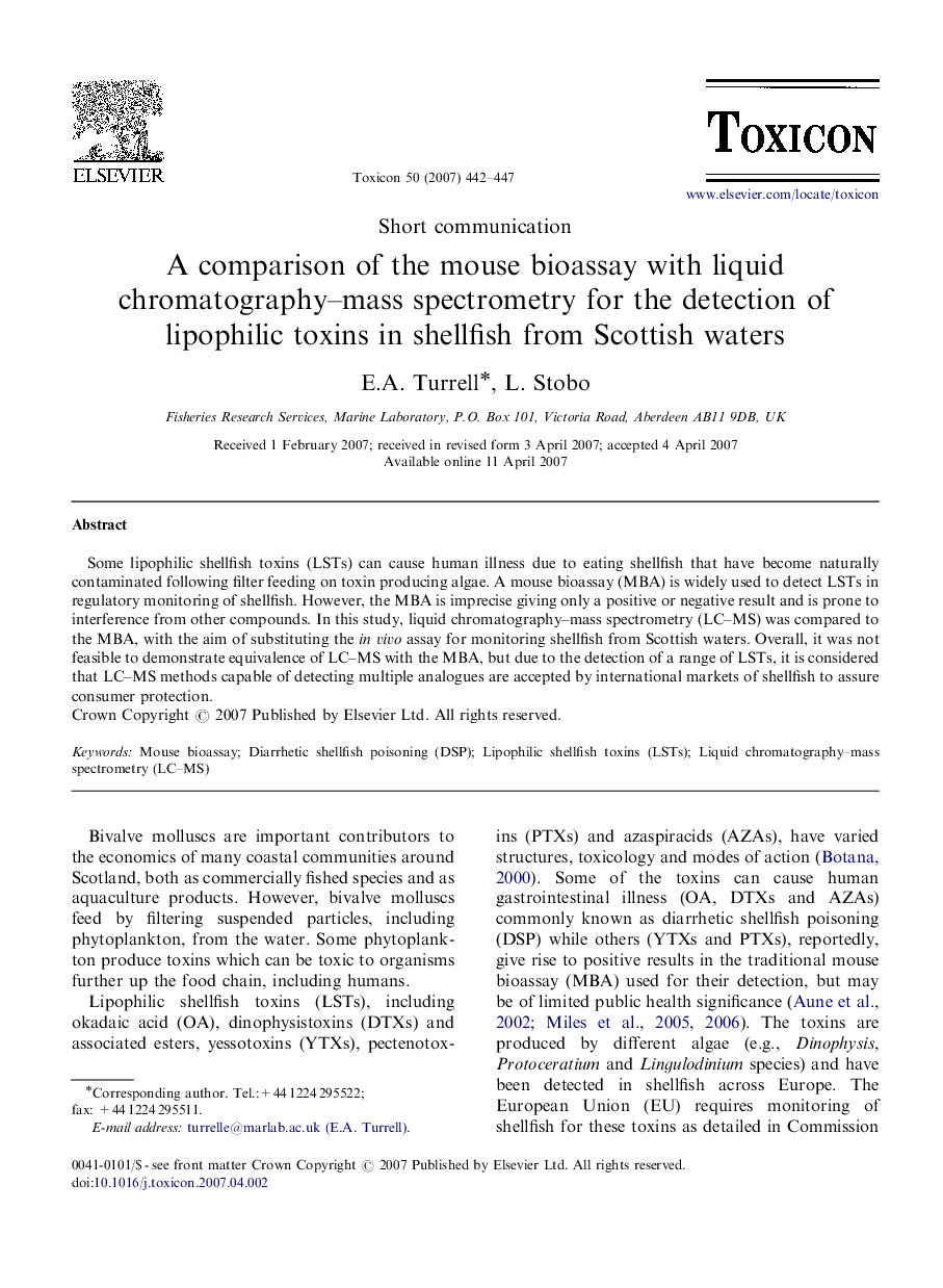 A comparison of the mouse bioassay with liquid chromatography–mass spectrometry for the detection of lipophilic toxins in shellfish from Scottish waters