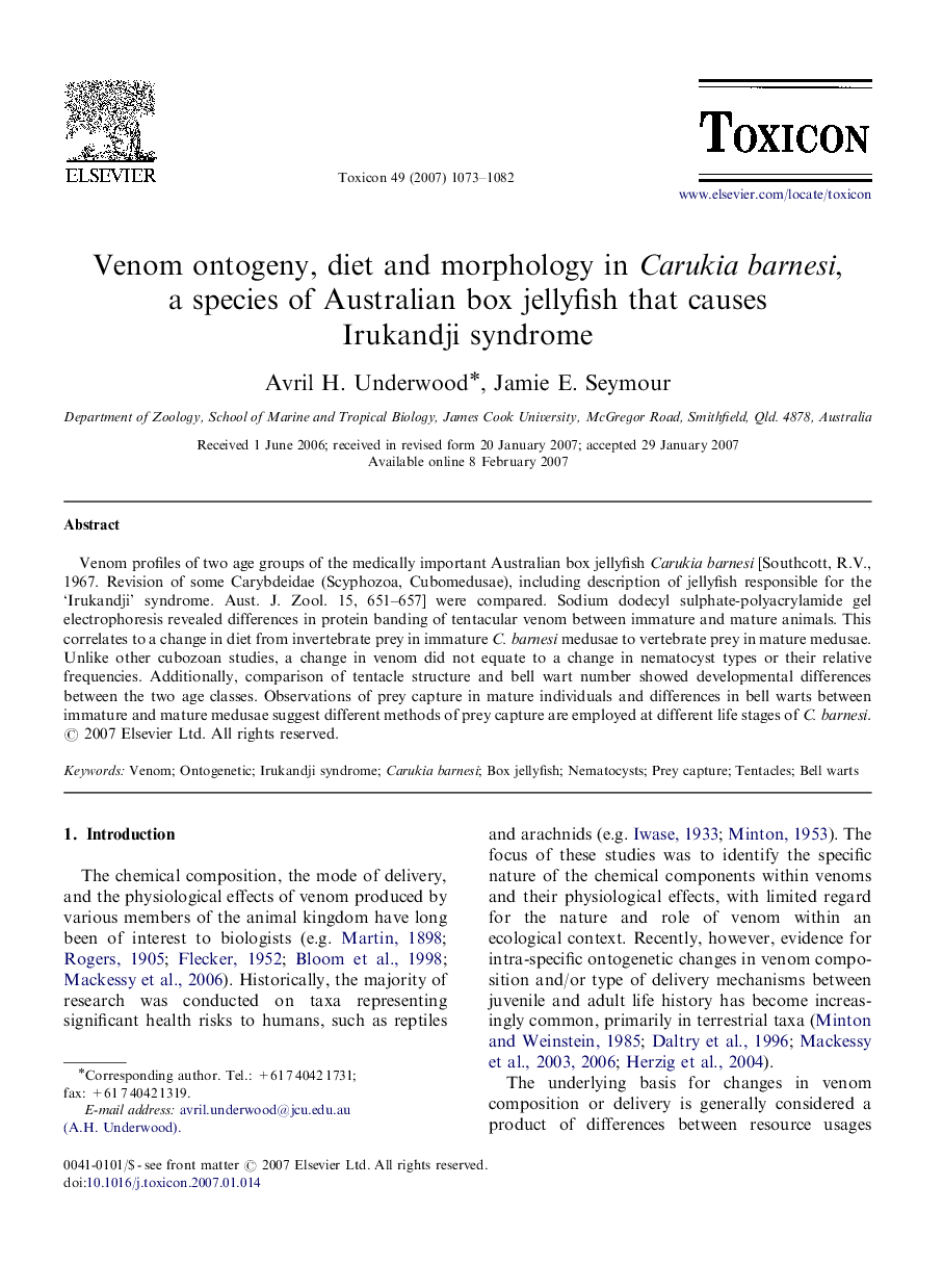Venom ontogeny, diet and morphology in Carukia barnesi, a species of Australian box jellyfish that causes Irukandji syndrome