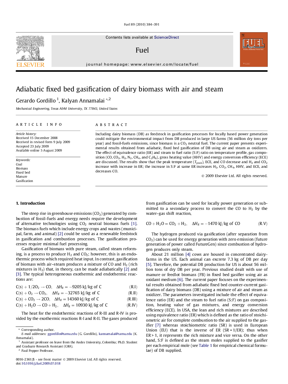 Adiabatic fixed bed gasification of dairy biomass with air and steam