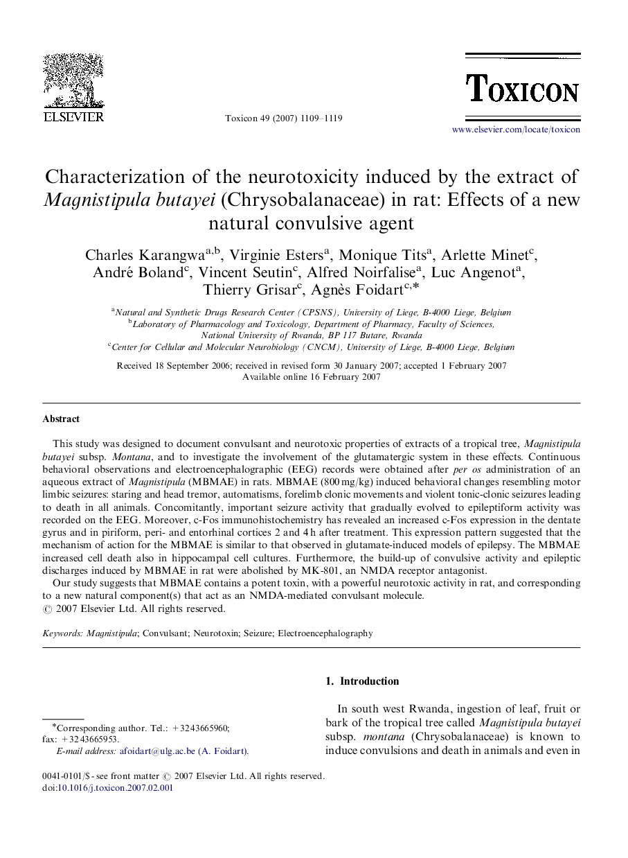 Characterization of the neurotoxicity induced by the extract of Magnistipula butayei (Chrysobalanaceae) in rat: Effects of a new natural convulsive agent