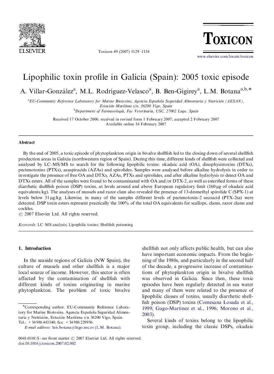 Lipophilic toxin profile in Galicia (Spain): 2005 toxic episode