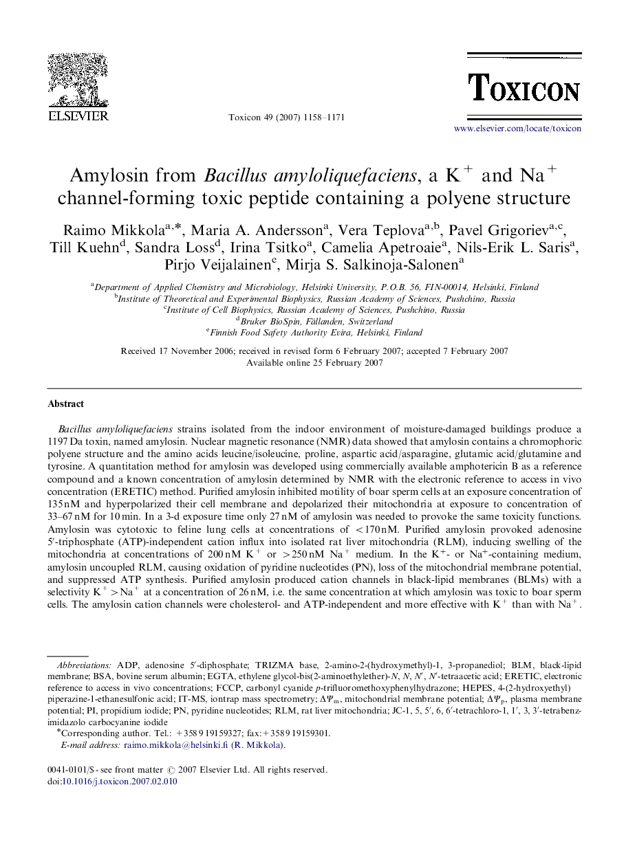 Amylosin from Bacillus amyloliquefaciens, a K+ and Na+ channel-forming toxic peptide containing a polyene structure