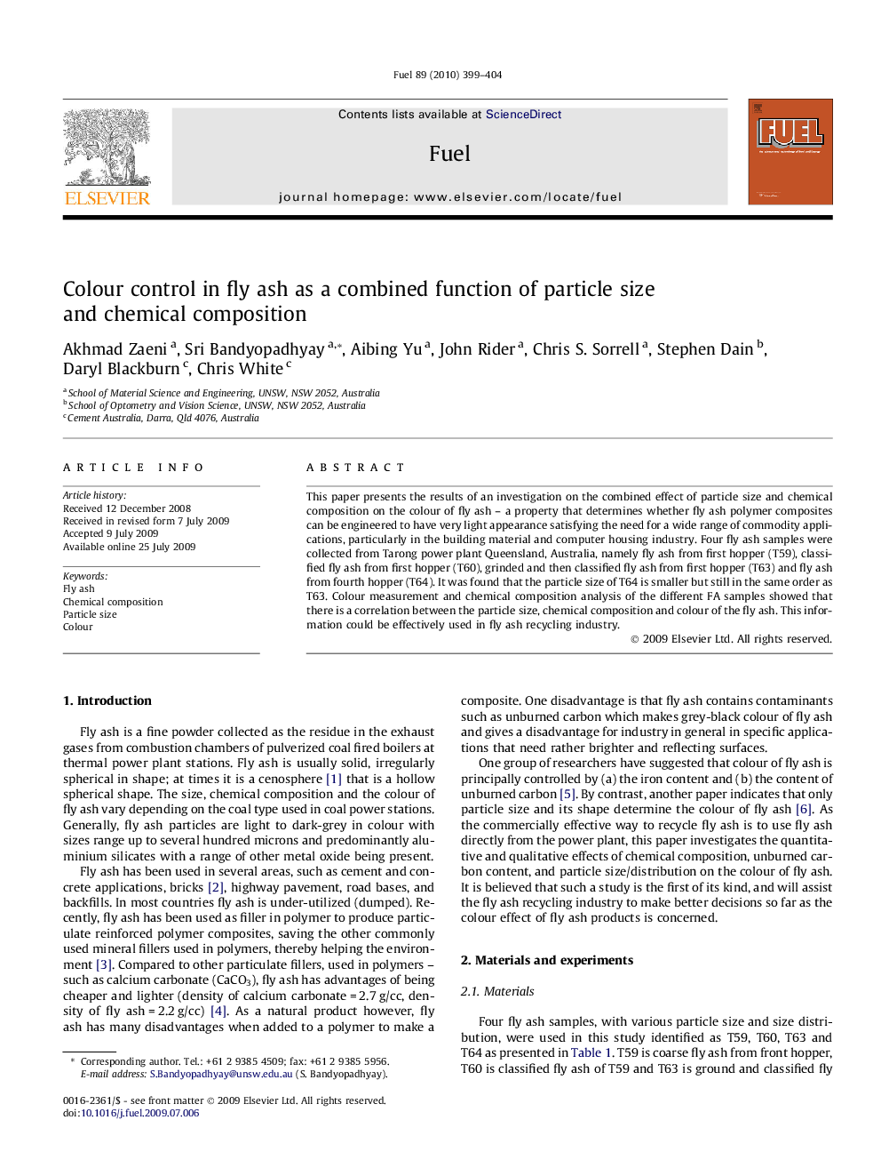 Colour control in fly ash as a combined function of particle size and chemical composition