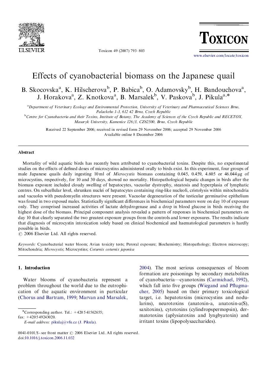 Effects of cyanobacterial biomass on the Japanese quail