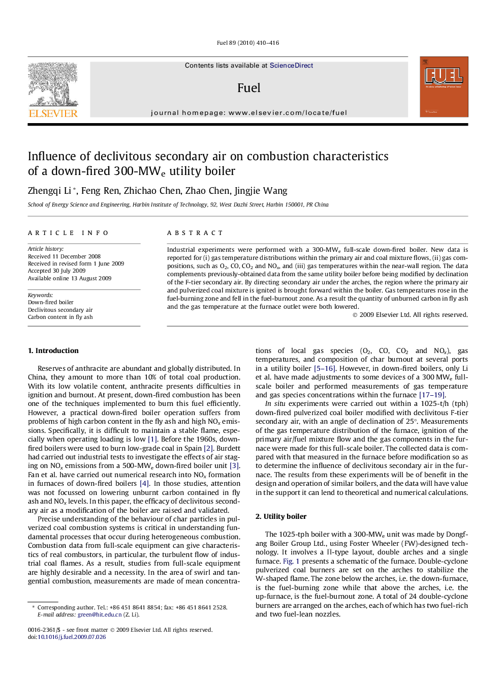 Influence of declivitous secondary air on combustion characteristics of a down-fired 300-MWe utility boiler