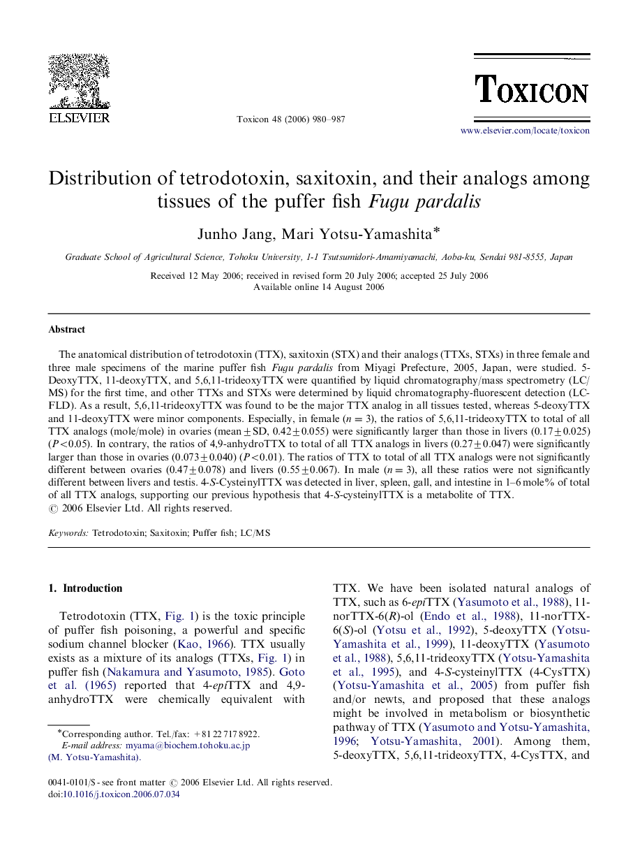 Distribution of tetrodotoxin, saxitoxin, and their analogs among tissues of the puffer fish Fugu pardalis