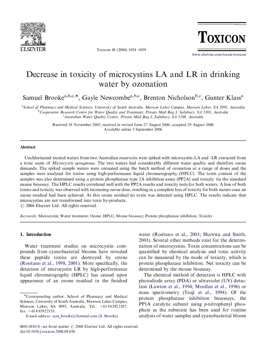 Decrease in toxicity of microcystins LA and LR in drinking water by ozonation