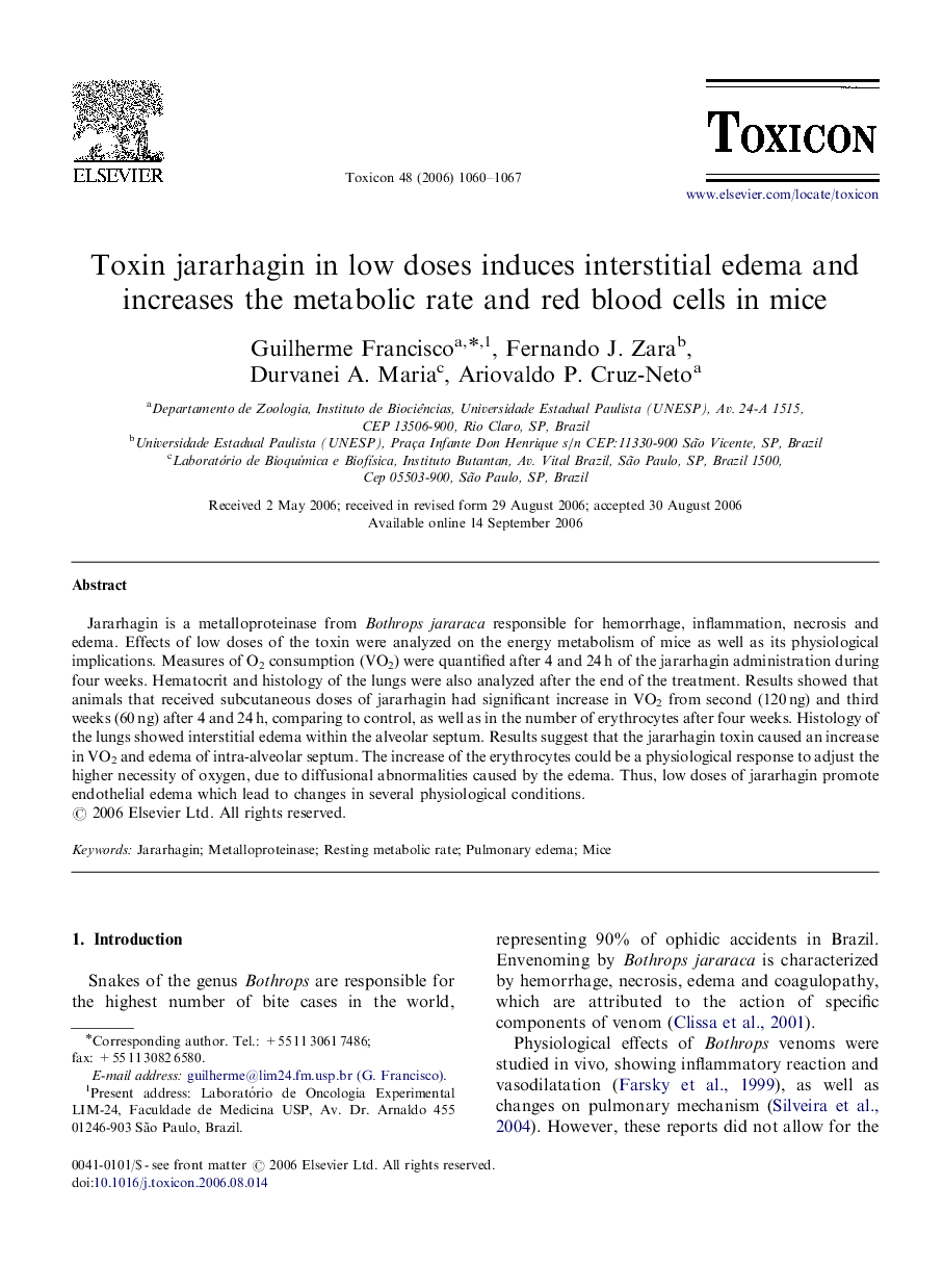 Toxin jararhagin in low doses induces interstitial edema and increases the metabolic rate and red blood cells in mice